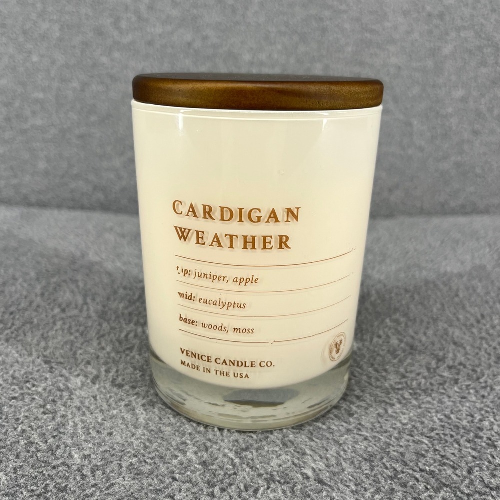 Venice Candle Co Cardigan Weather Candle 11 oz Cream Wood Lid Juniper Apple Moss